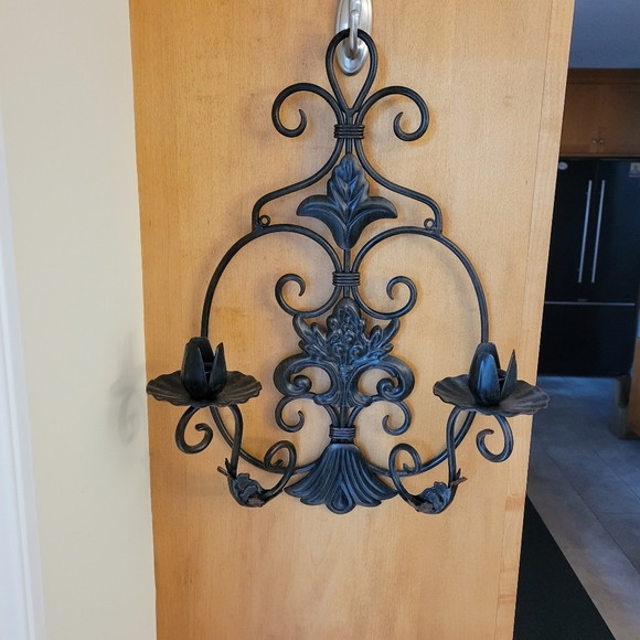 Wrought Metal Floral & Scroll Double Candle Sconce - Picture 3 of 7